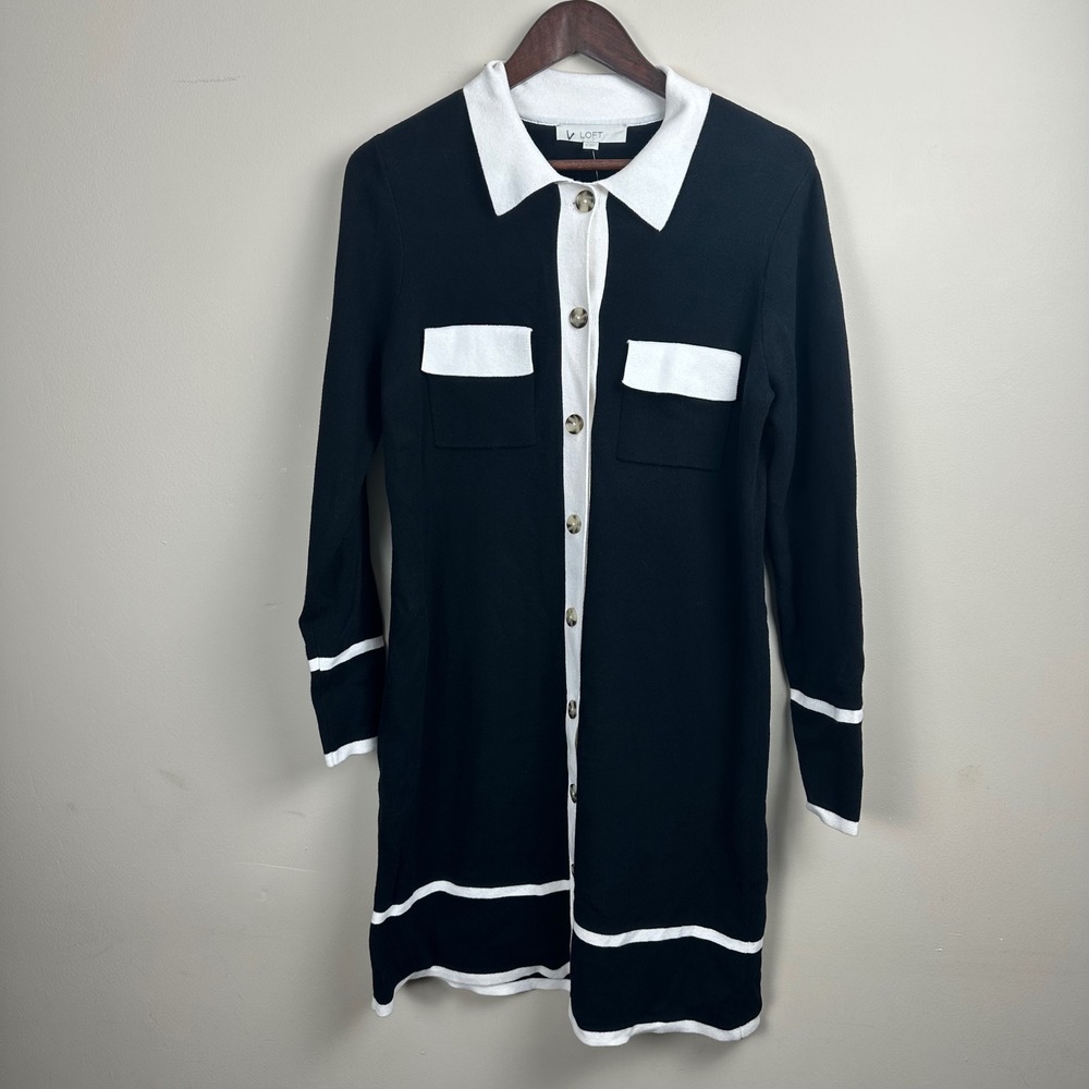 LOFT Women's M Black White Collared Sweater Dress Button Front NWT